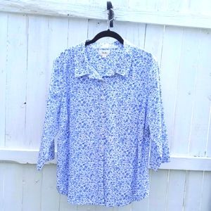 Per Se Women's Blue & White Print Blouse, Sz 1X